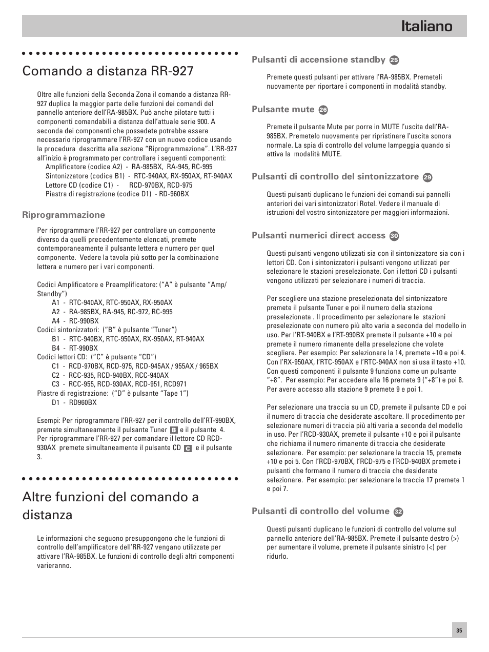 Italiano, Comando a distanza rr-927, Altre funzioni del comando a distanza | ROTEL RA-985BX User Manual | Page 35 / 54