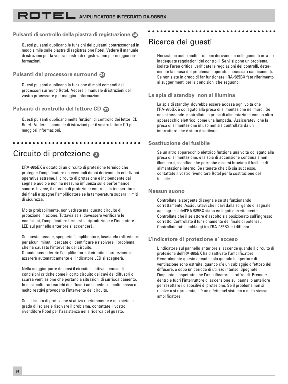 Circuito di protezione, Ricerca dei guasti | ROTEL RA-985BX User Manual | Page 36 / 54