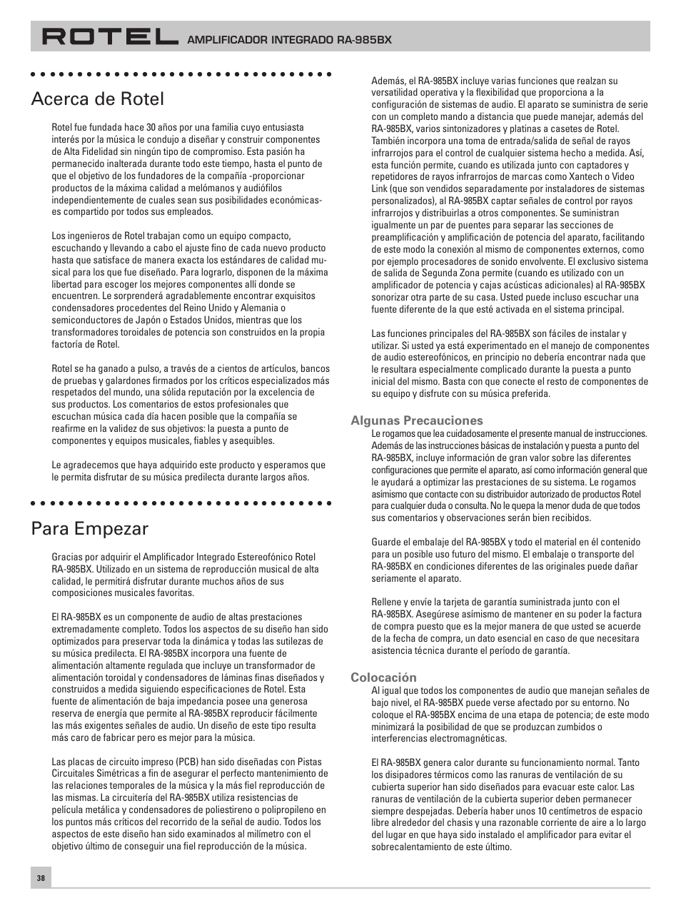 Acerca de rotel, Para empezar | ROTEL RA-985BX User Manual | Page 38 / 54