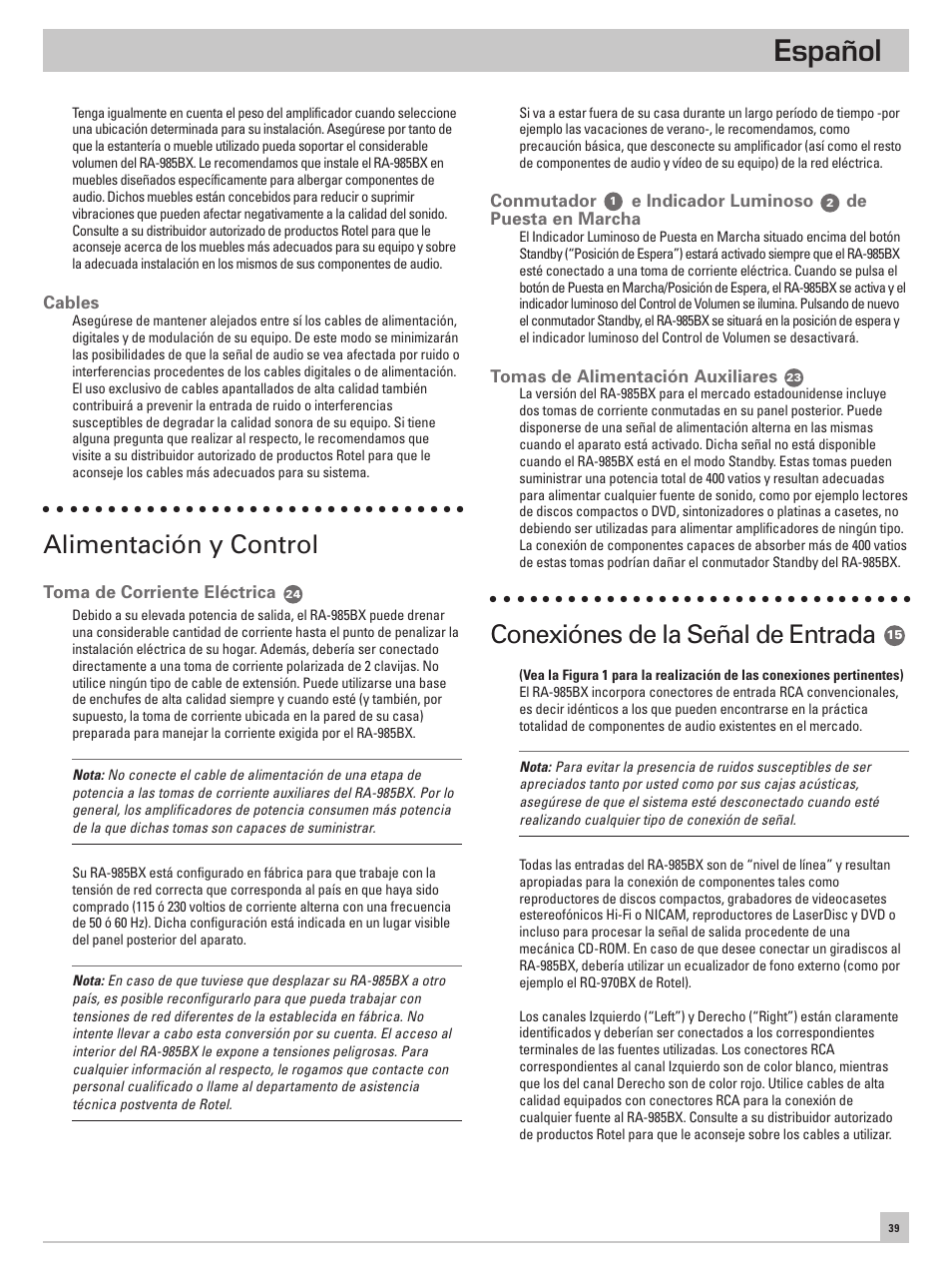 Español, Alimentación y control, Conexiónes de la señal de entrada | ROTEL RA-985BX User Manual | Page 39 / 54