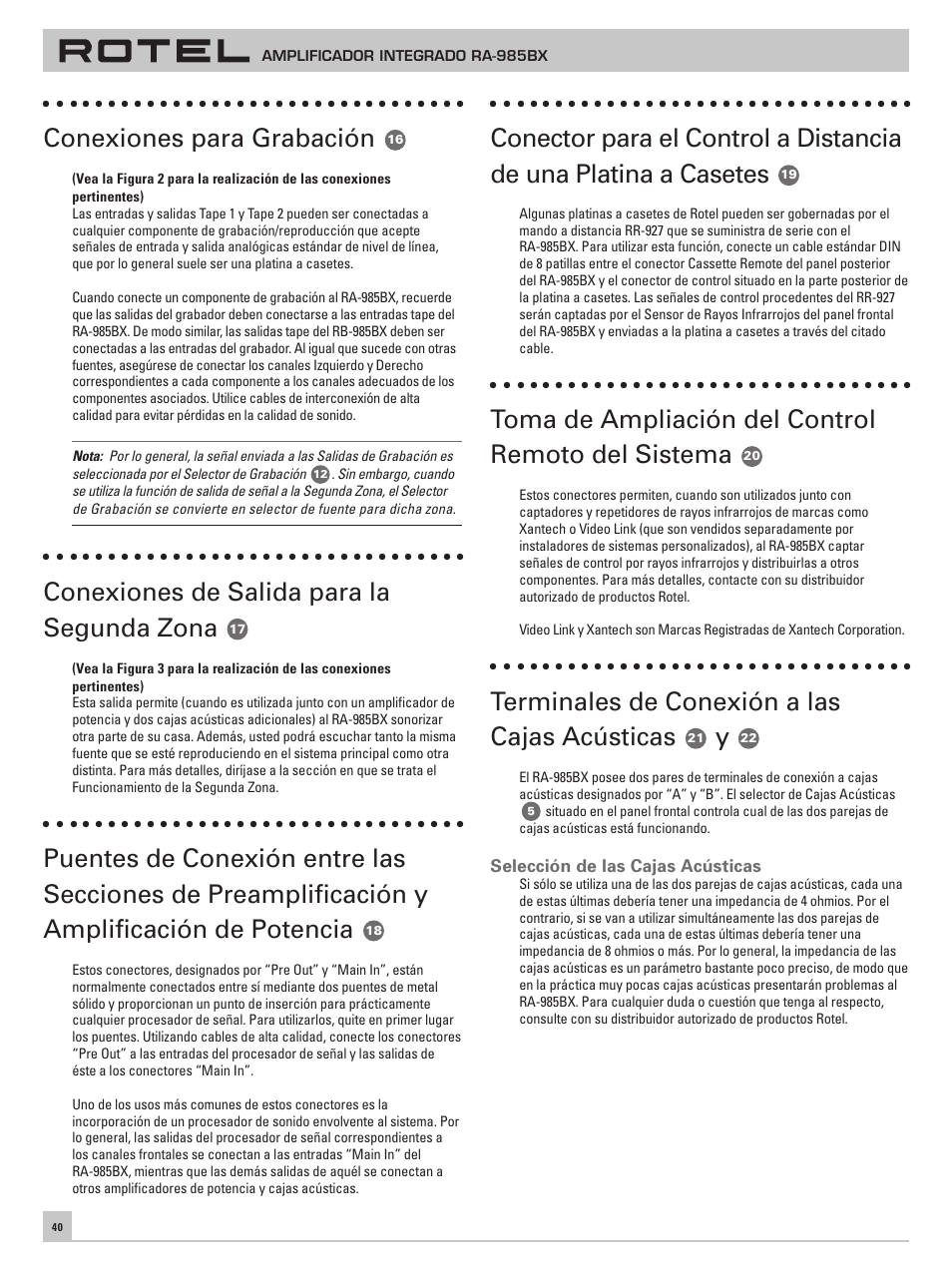 Conexiones para grabación, Conexiones de salida para la segunda zona, Toma de ampliación del control remoto del sistema | Terminales de conexión a las cajas acústicas | ROTEL RA-985BX User Manual | Page 40 / 54