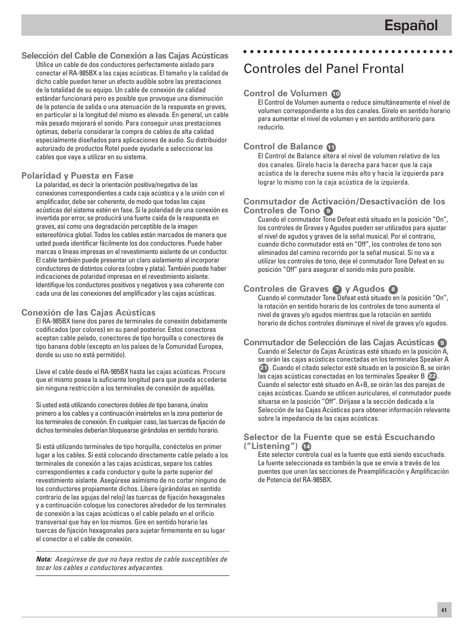 Español, Controles del panel frontal | ROTEL RA-985BX User Manual | Page 41 / 54