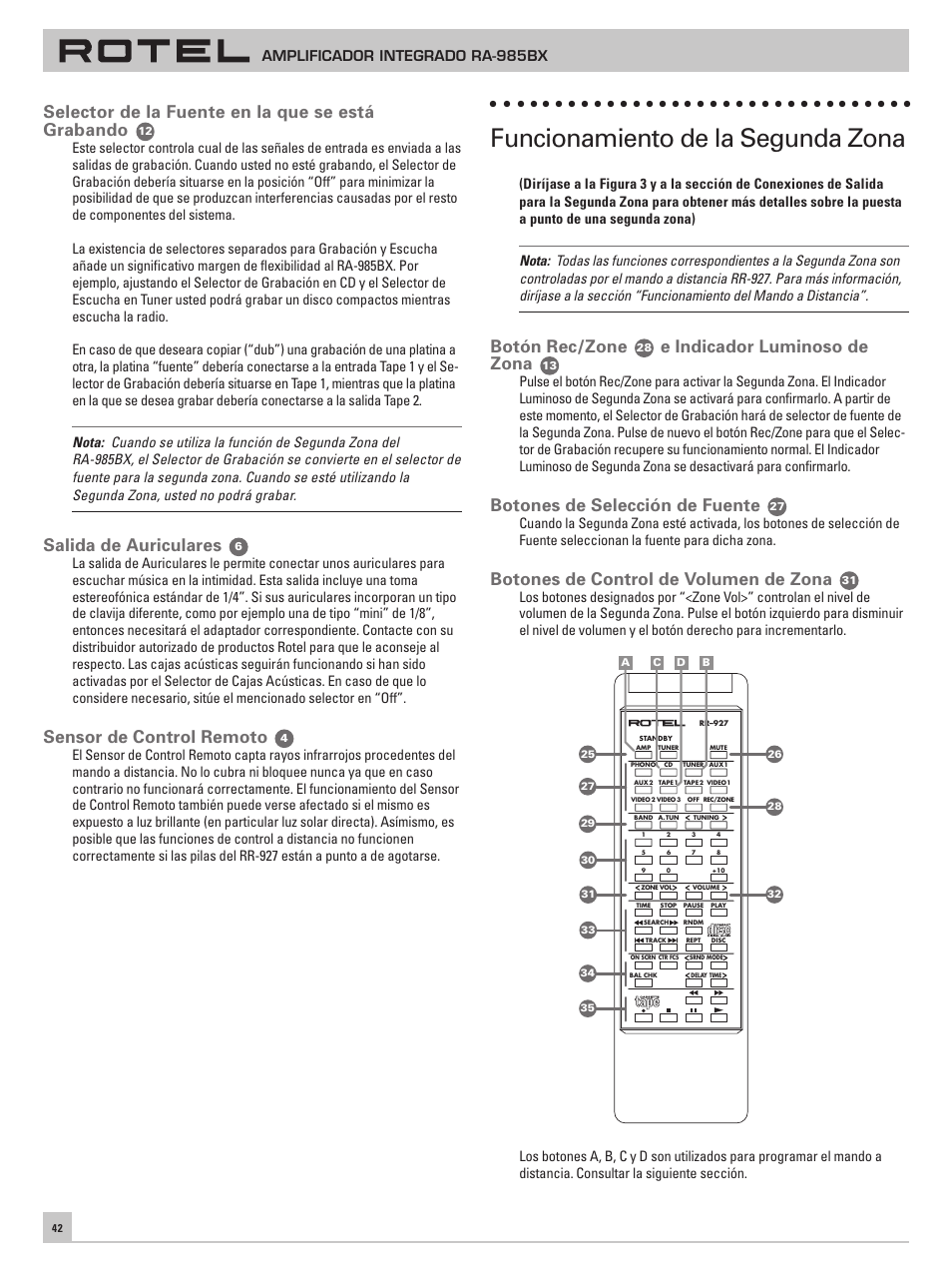 Funcionamiento de la segunda zona, Selector de la fuente en la que se está grabando, Salida de auriculares | Sensor de control remoto, Botón rec/zone, E indicador luminoso de zona, Botones de selección de fuente, Botones de control de volumen de zona, Amplificador integrado ra-985bx | ROTEL RA-985BX User Manual | Page 42 / 54