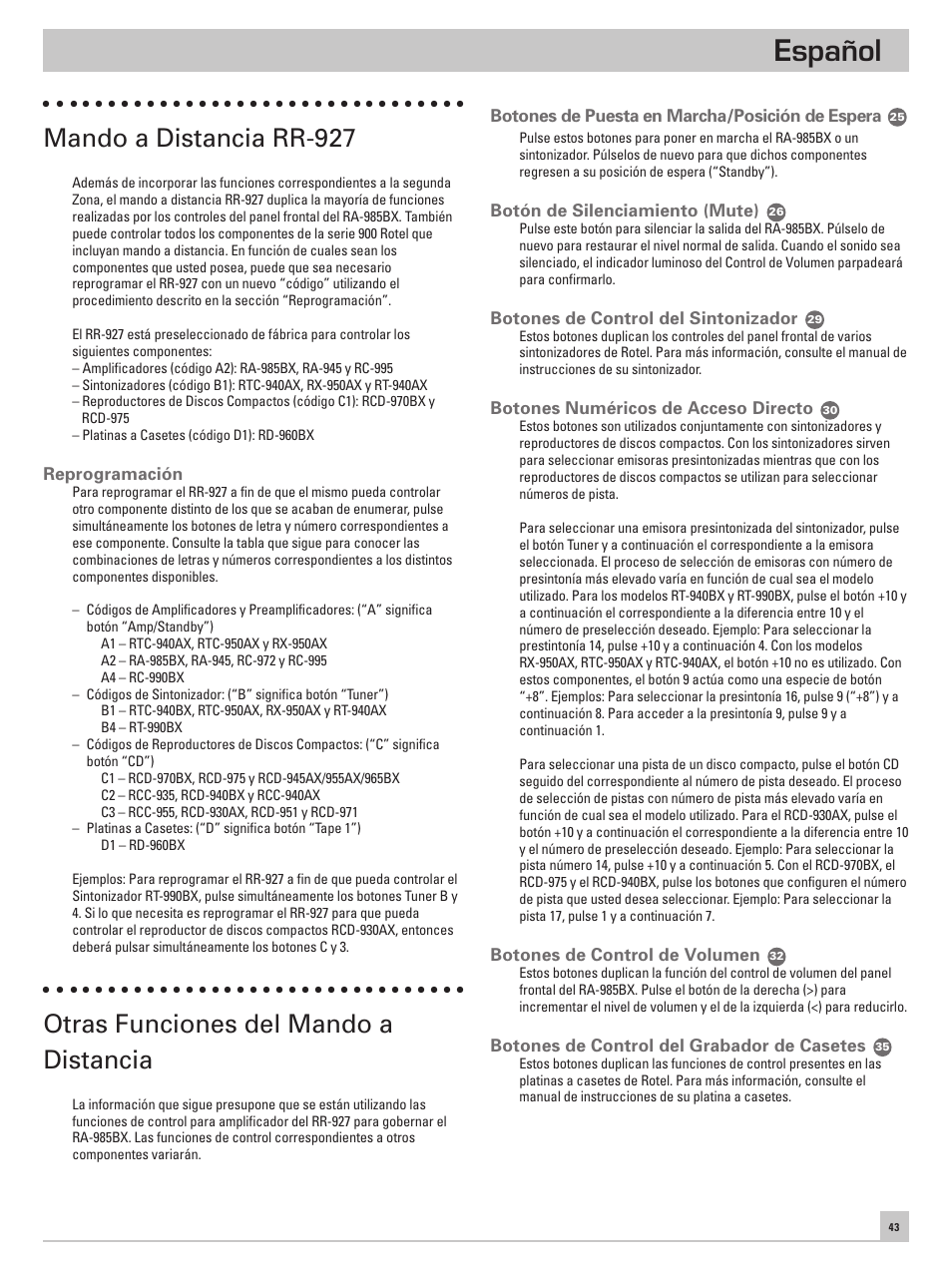 Español, Mando a distancia rr-927, Otras funciones del mando a distancia | ROTEL RA-985BX User Manual | Page 43 / 54