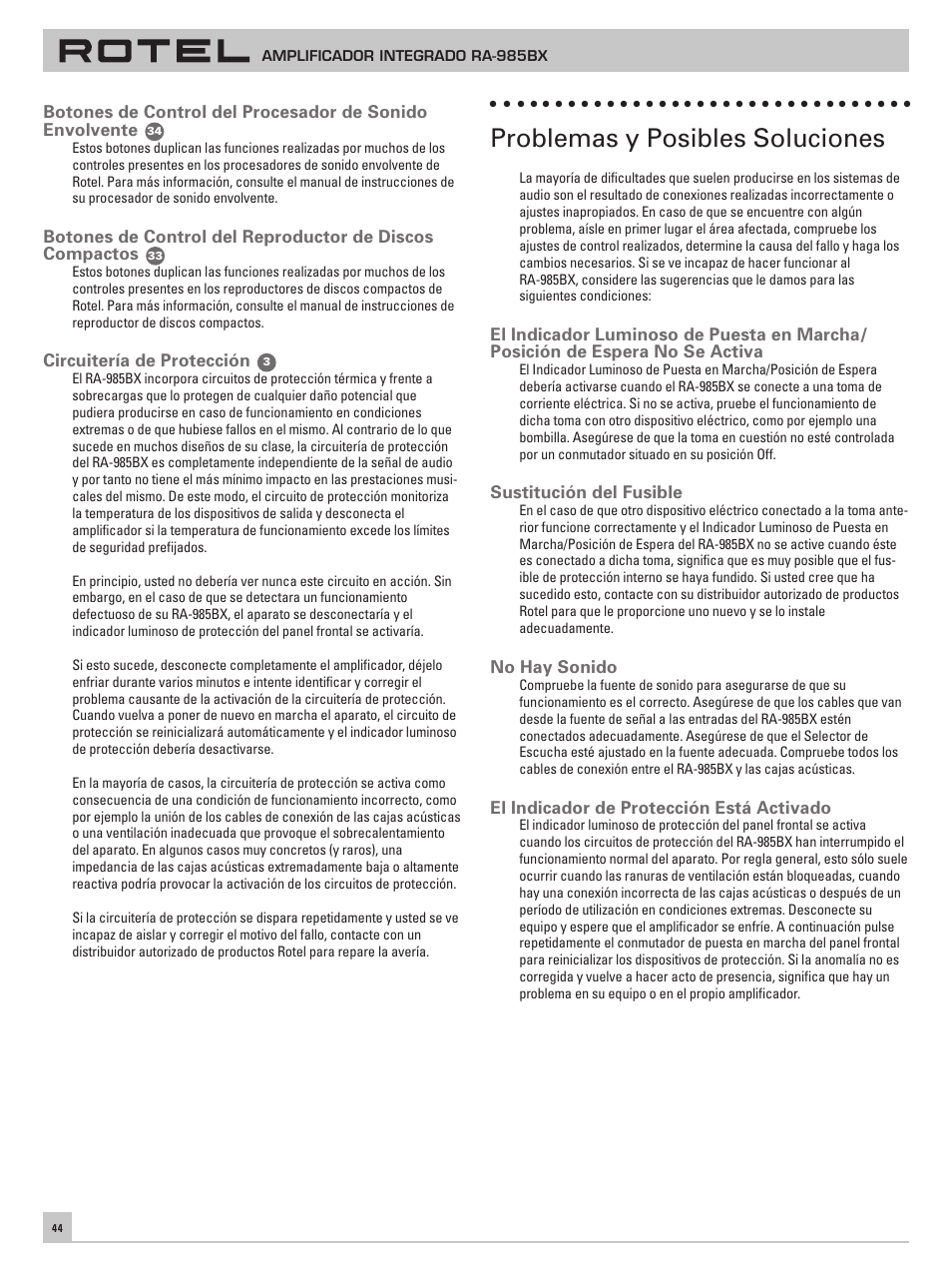 Problemas y posibles soluciones | ROTEL RA-985BX User Manual | Page 44 / 54