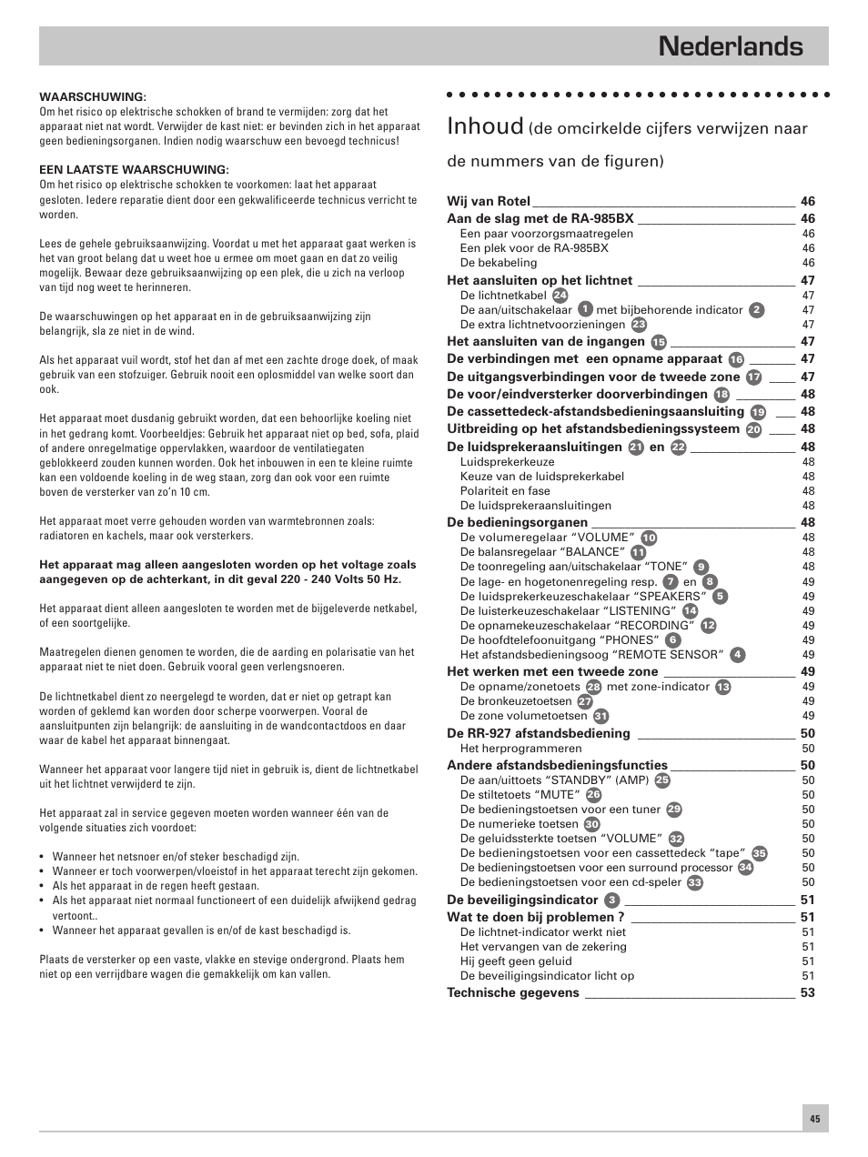 Nederlands, Inhoud | ROTEL RA-985BX User Manual | Page 45 / 54
