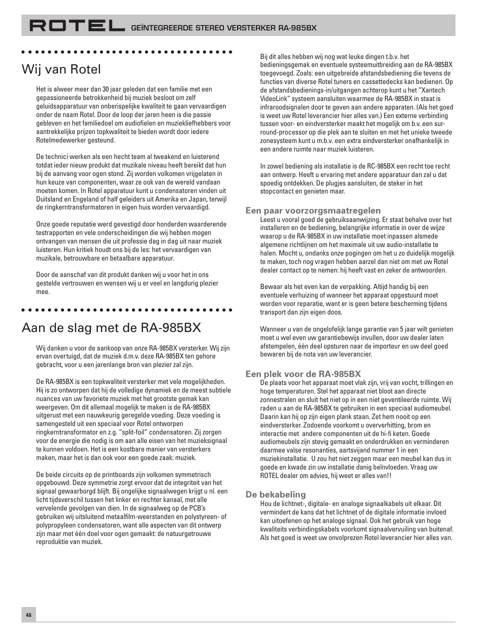 Wij van rotel, Aan de slag met de ra-985bx | ROTEL RA-985BX User Manual | Page 46 / 54