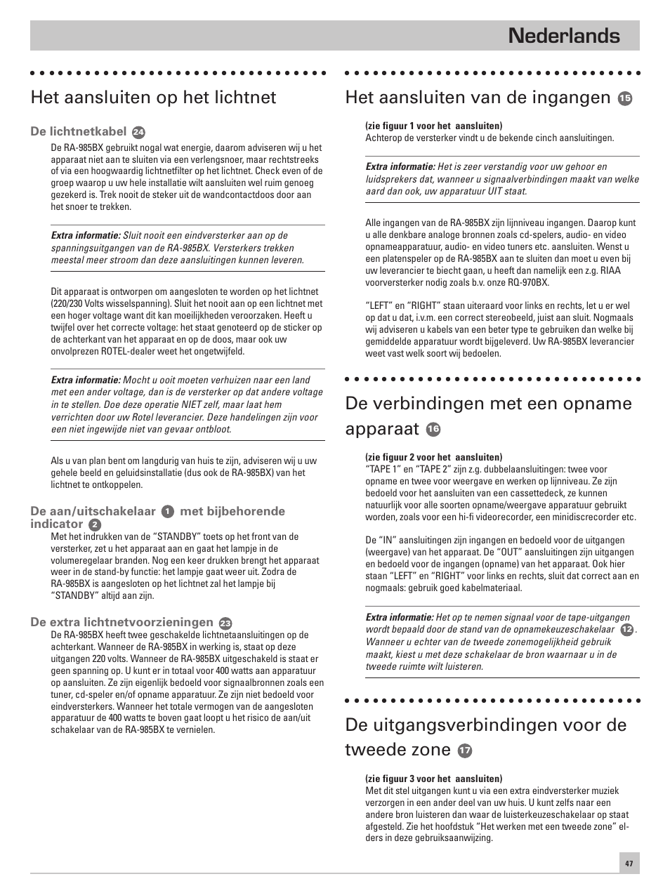 Nederlands, Het aansluiten op het lichtnet, Het aansluiten van de ingangen | De verbindingen met een opname apparaat, De uitgangsverbindingen voor de tweede zone | ROTEL RA-985BX User Manual | Page 47 / 54
