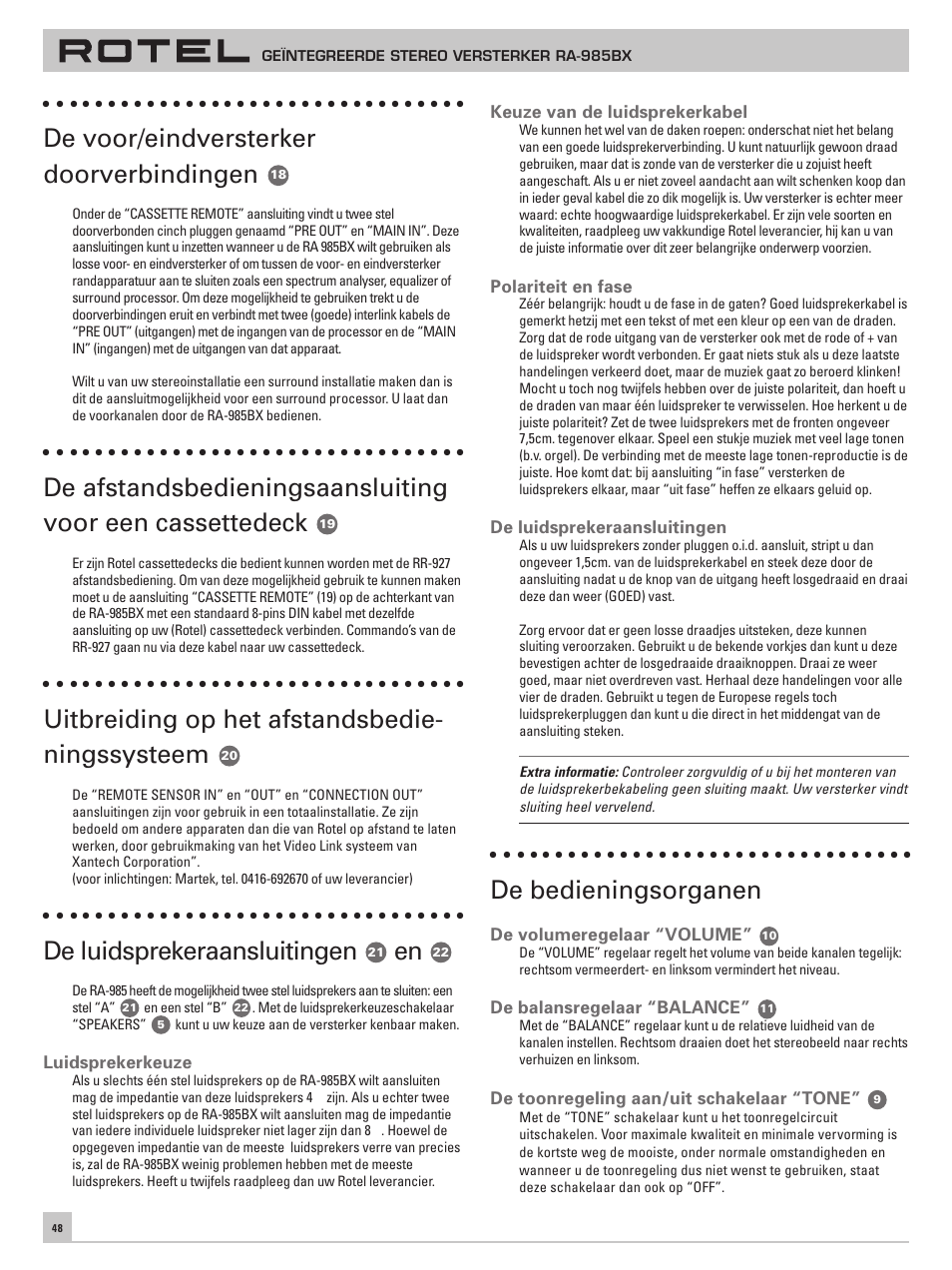 De voor/eindversterker doorverbindingen, Uitbreiding op het afstandsbedie- ningssysteem, De luidsprekeraansluitingen | De bedieningsorganen | ROTEL RA-985BX User Manual | Page 48 / 54