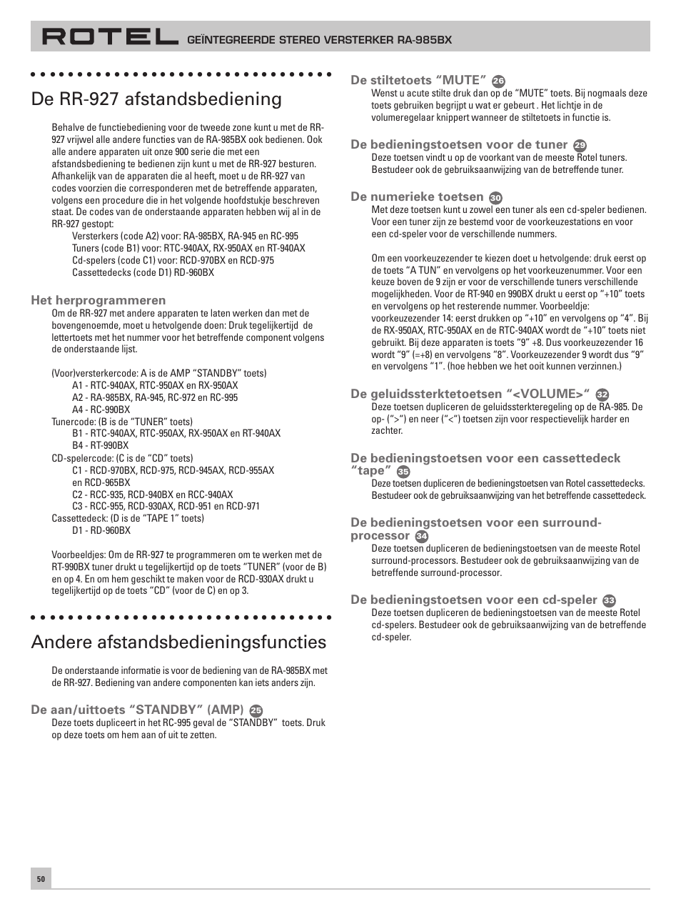 De rr-927 afstandsbediening, Andere afstandsbedieningsfuncties | ROTEL RA-985BX User Manual | Page 50 / 54