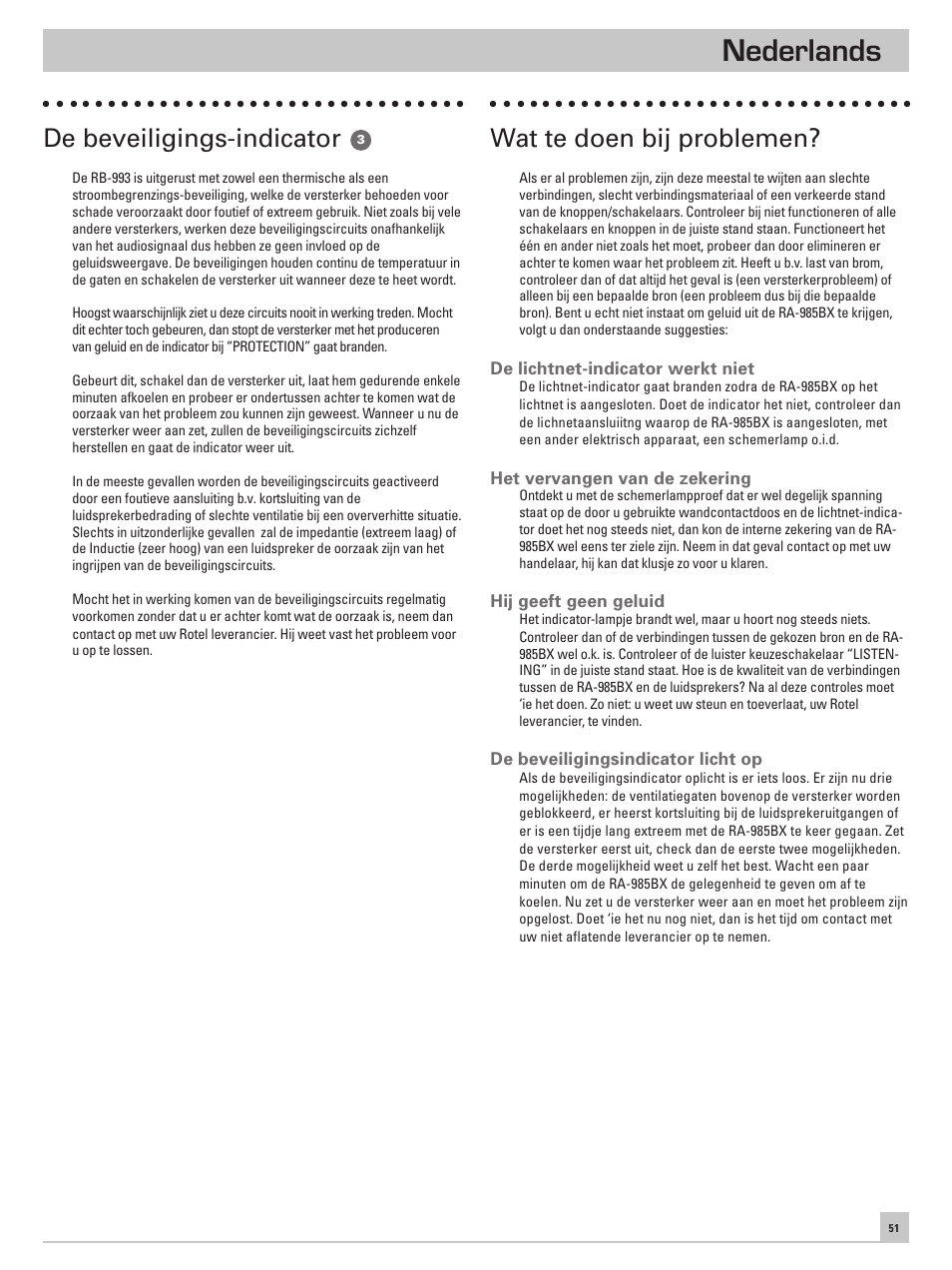Nederlands, De beveiligings-indicator, Wat te doen bij problemen | ROTEL RA-985BX User Manual | Page 51 / 54