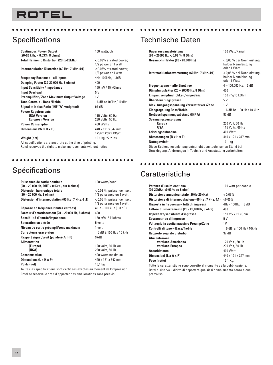 Specifications, Spécifications, Technische daten | Caratteristiche | ROTEL RA-985BX User Manual | Page 52 / 54