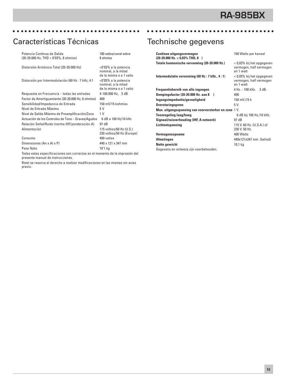 Ra-985bx, Características técnicas, Technische gegevens | ROTEL RA-985BX User Manual | Page 53 / 54