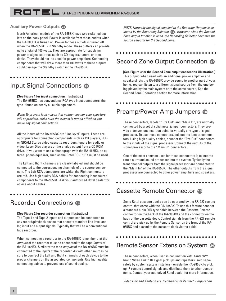 Input signal connections, Recorder connections, Second zone output connection | Preamp/power amp jumpers, Cassette remote connector, Remote sensor extension system | ROTEL RA-985BX User Manual | Page 8 / 54
