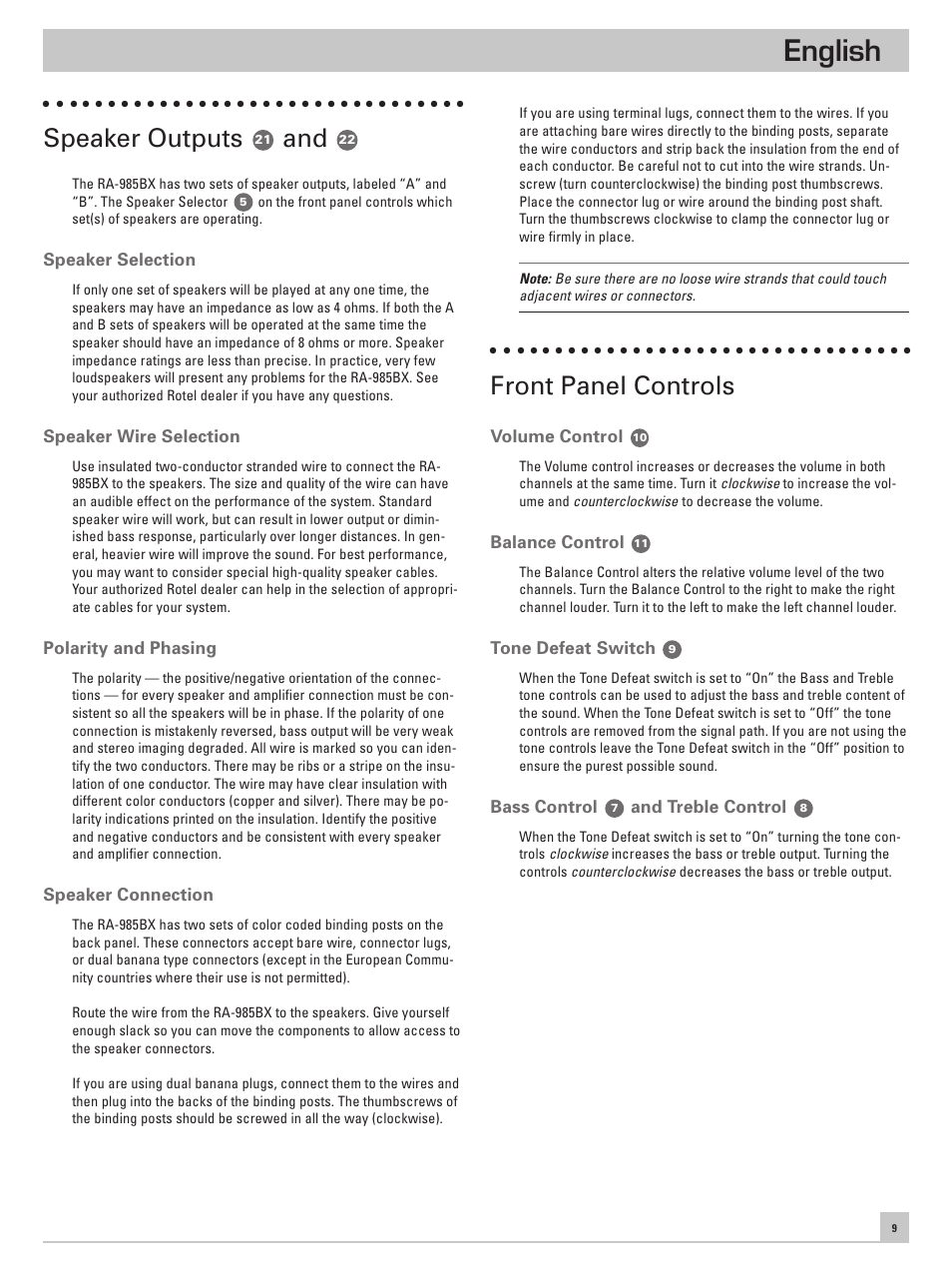 English, Speaker outputs, Front panel controls | ROTEL RA-985BX User Manual | Page 9 / 54