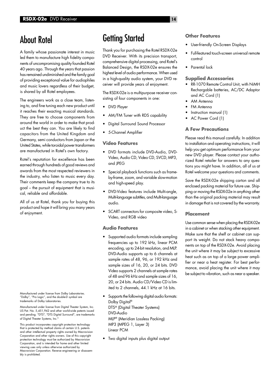 About rotel, Getting started, Video features | Audio features, Other features, Supplied accessories, A few precautions, Placement | ROTEL RSDX-02e User Manual | Page 14 / 40