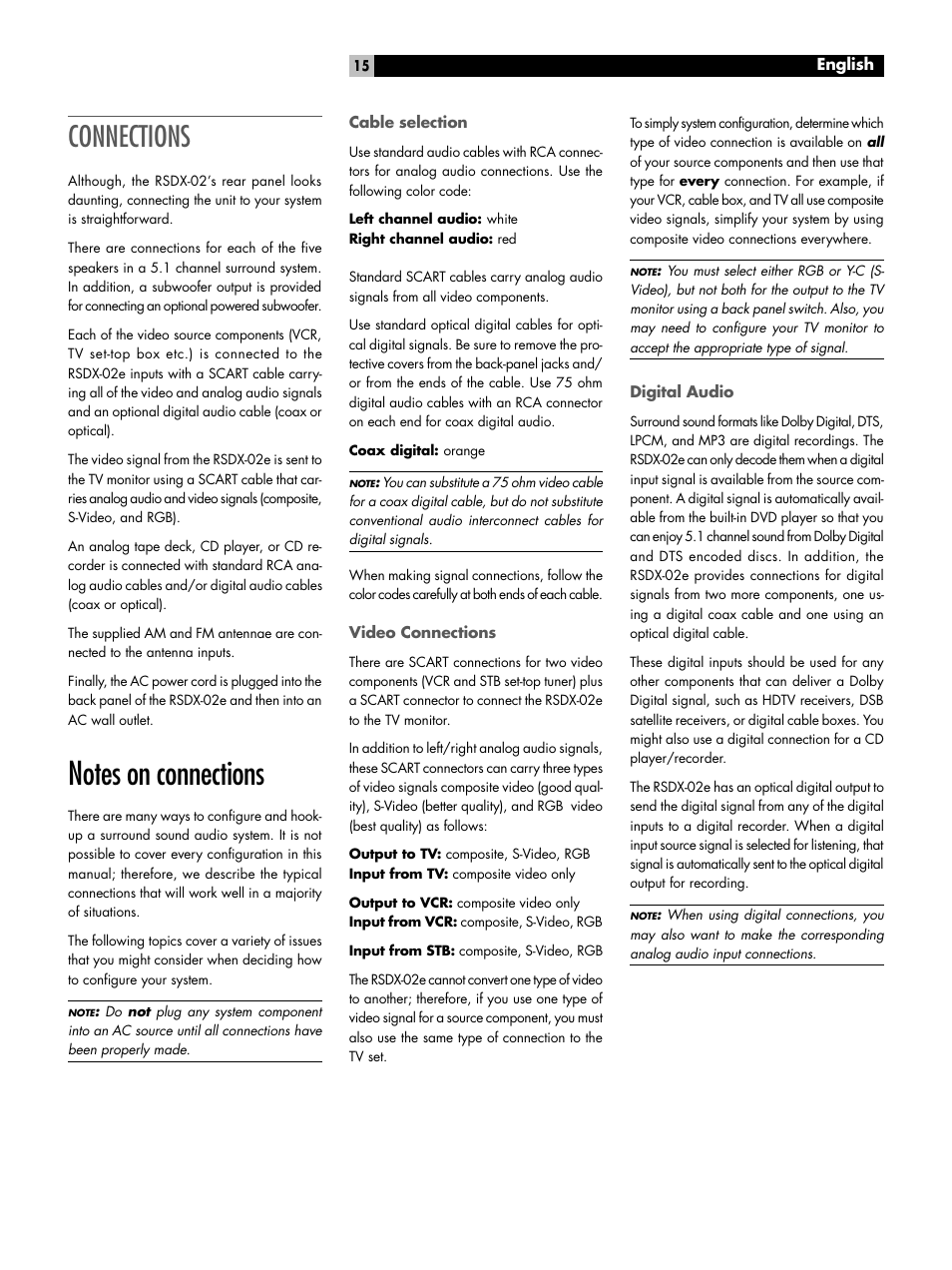 Connections, Notes on connections, Cable selection | Video connections, Digital audio | ROTEL RSDX-02e User Manual | Page 15 / 40