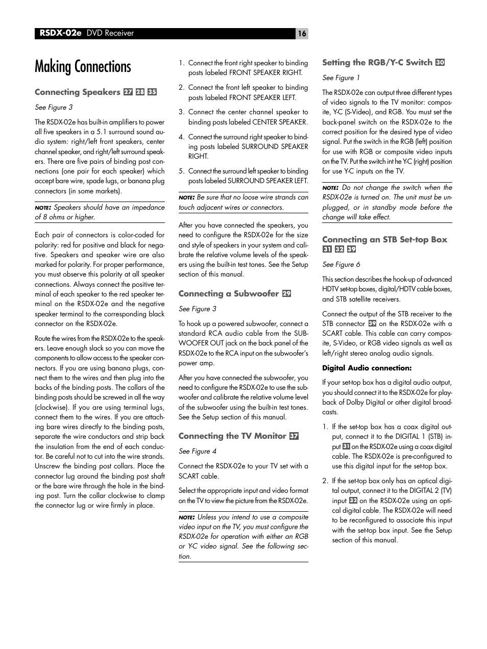 Making connections, Connecting speakers, Connecting a subwoofer | Connecting the tv monitor, Setting the rgb/y-c switch, Connecting an stb set-top box | ROTEL RSDX-02e User Manual | Page 16 / 40