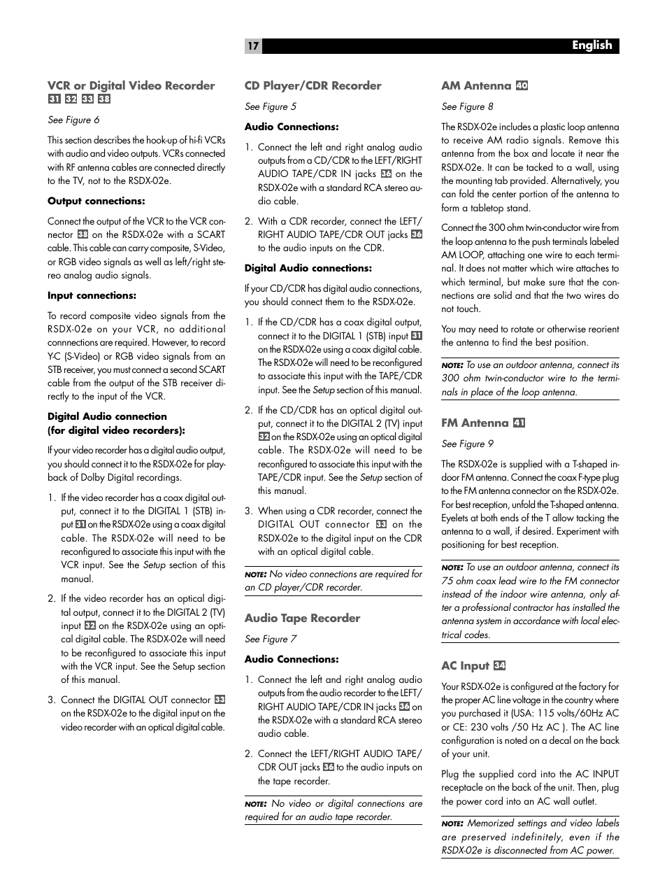 Vcr or digital video recorder, Cd player/cdr recorder, Audio tape recorder | Am antenna, Fm antenna, Ac input | ROTEL RSDX-02e User Manual | Page 17 / 40