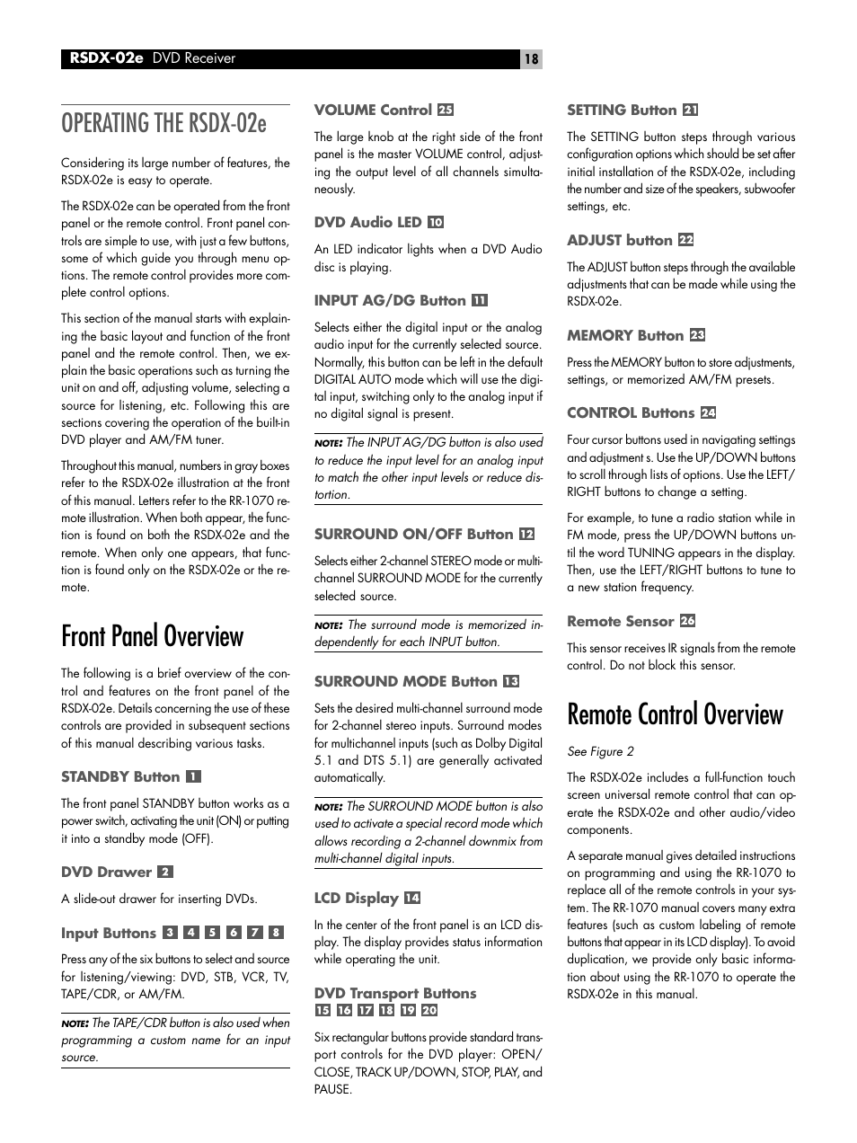 Operating the rsdx-02e, Front panel overview, Standby button | Dvd drawer, Input buttons, Volume control, Dvd audio led, Input ag/dg button, Surround on/off button, Surround mode button | ROTEL RSDX-02e User Manual | Page 18 / 40