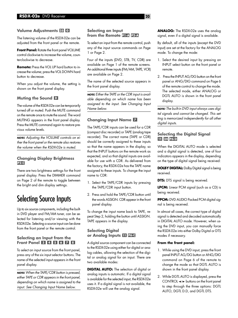 Volume adjustments, Muting the sound, Changing display brightness | Selecting source inputs, Selecting an input from the front panel, Selecting an input from the remote, Changing input name, Selecting digital or analog inputs, Selecting the digital signal, P2-c | ROTEL RSDX-02e User Manual | Page 20 / 40