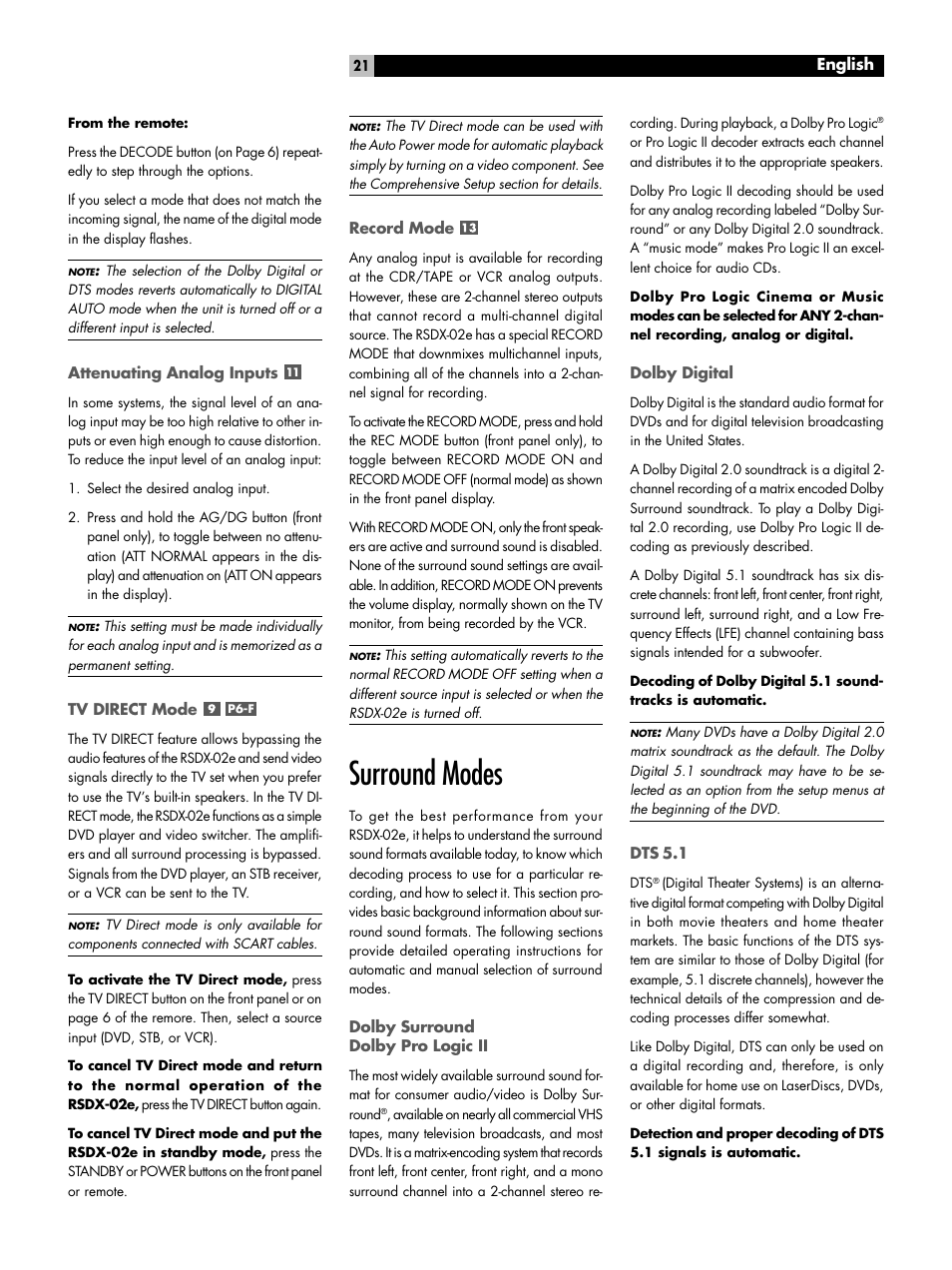 Attenuating analog inputs, Tv direct mode, Record mode | Surround modes, Dolby surround dolby pro logic ii, Dolby digital, Dts 5.1, P6-f | ROTEL RSDX-02e User Manual | Page 21 / 40