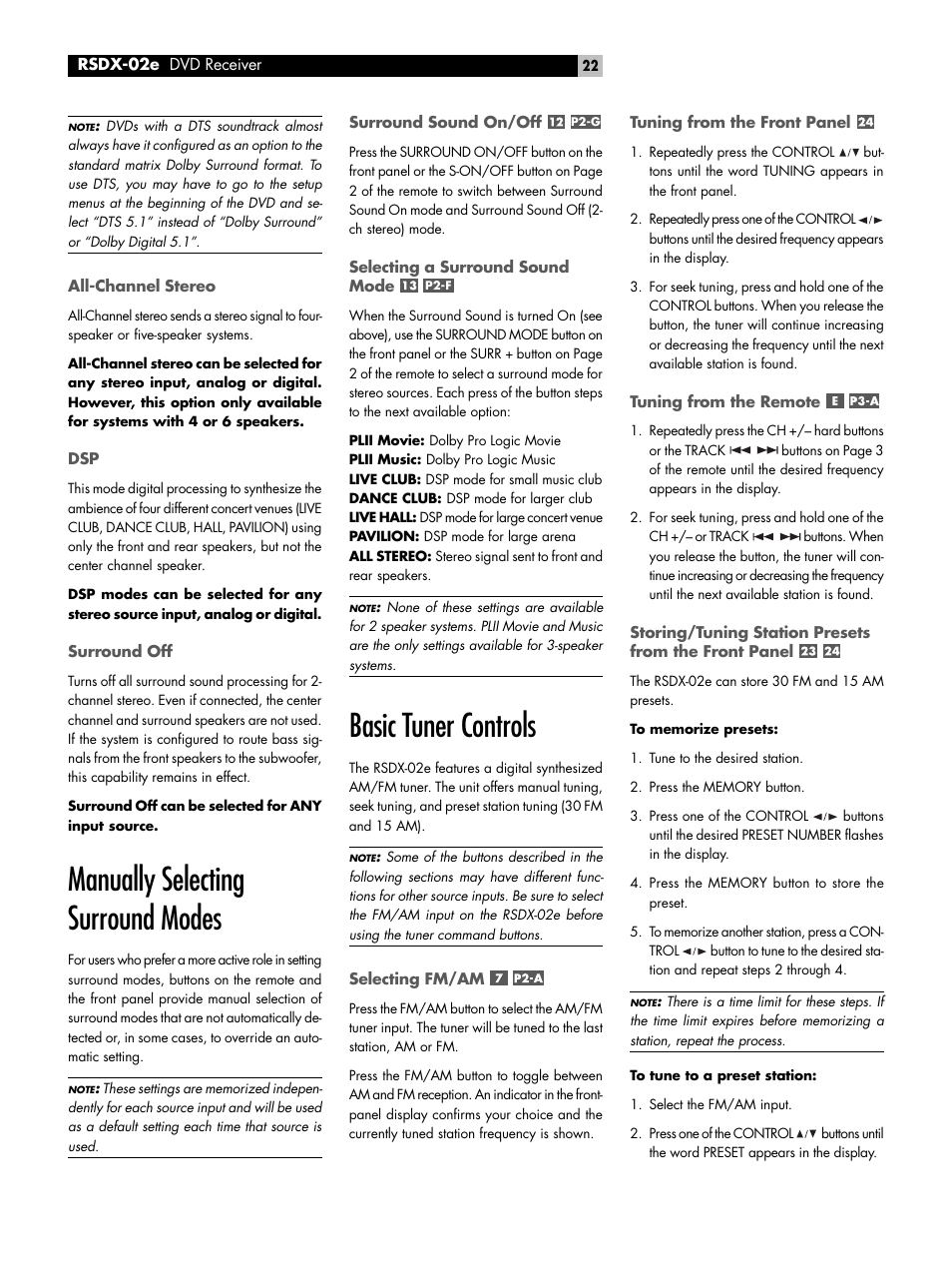 All-channel stereo, Surround off, Manually selecting surround modes | Surround sound on/off, Selecting a surround sound mode, Basic tuner controls, Selecting fm/am, Tuning from the front panel, Tuning from the remote, P2-g | ROTEL RSDX-02e User Manual | Page 22 / 40