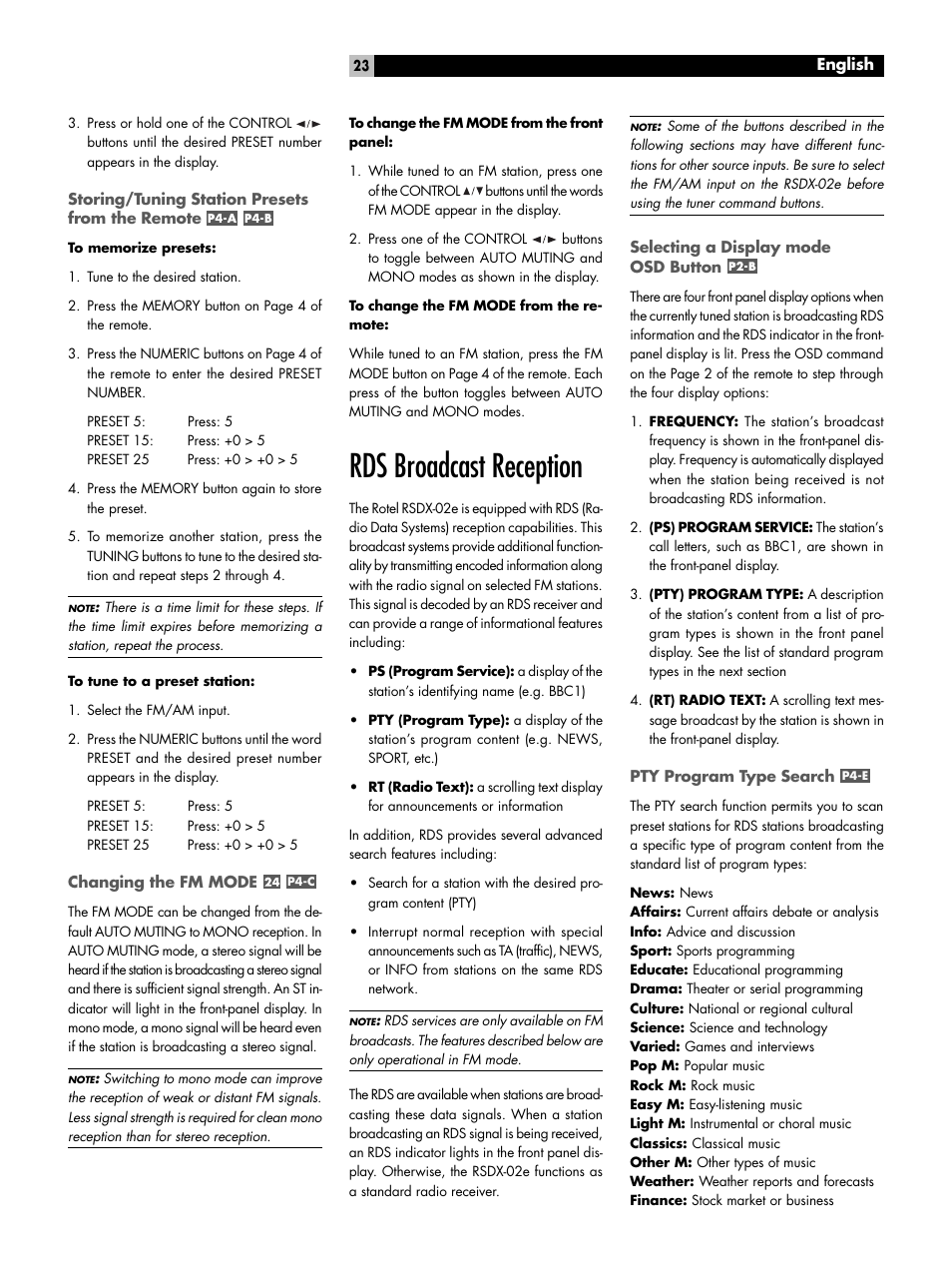 Storing/tuning station presets from the remote, Changing the fm mode, Rds broadcast reception | Selecting a display mode osd button, Pty program type search, P4-c, P4-e | ROTEL RSDX-02e User Manual | Page 23 / 40