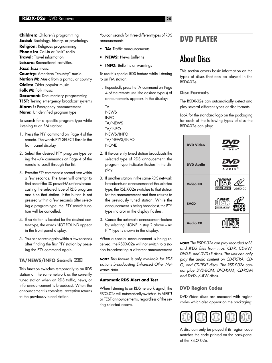 Ta/news/info search, Dvd player, About discs | Disc formats, Dvd region codes, P4-d, Disc structure | ROTEL RSDX-02e User Manual | Page 24 / 40