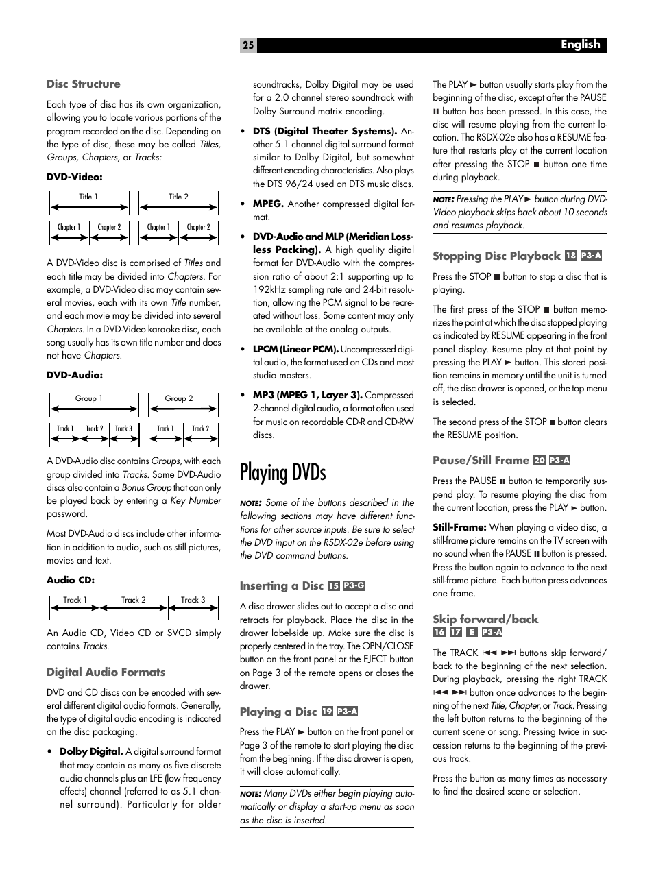 Disc structure, Digital audio formats, Playing dvds | Inserting a disc, Playing a disc, Stopping disc playback, Pause/still frame, Skip forward/back, P3-g, High speed play | ROTEL RSDX-02e User Manual | Page 25 / 40