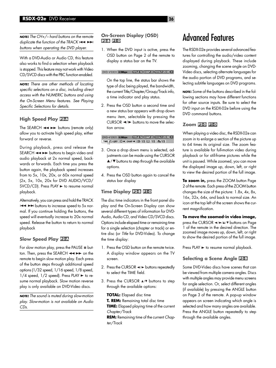 High speed play, Slow speed play, On-screen display (osd) | Time display, Advanced features, Zoom, Selecting a scene angle, P1-d, P2-d, Selecting subtitles | ROTEL RSDX-02e User Manual | Page 26 / 40