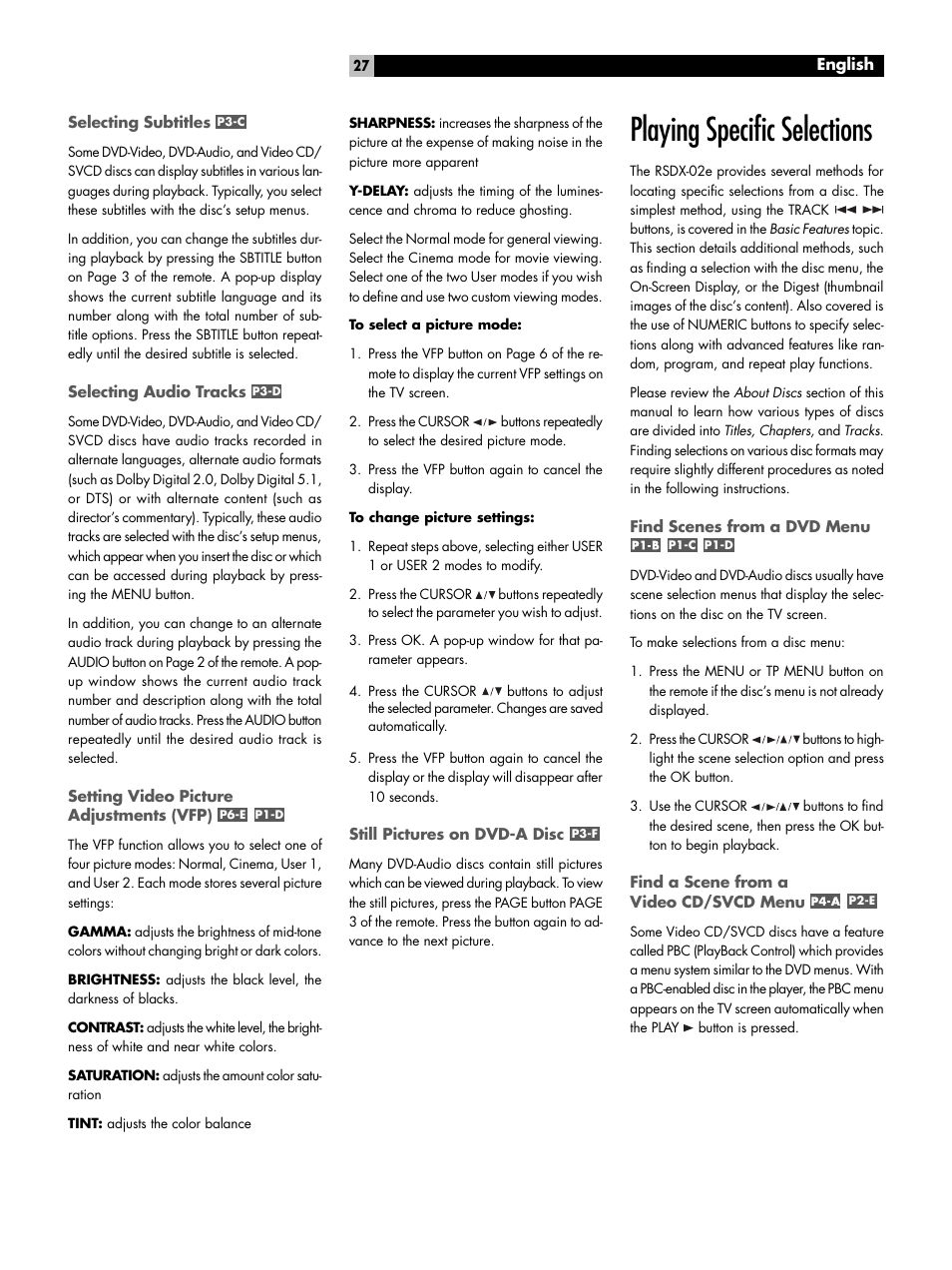 Selecting subtitles, Selecting audio tracks, Setting video picture adjustments (vfp) | Still pictures on dvd-a disc, Playing specific selections, Find scenes from a dvd menu, Find a scene from a video cd/svcd menu, P6-e, P1-d, P3-f | ROTEL RSDX-02e User Manual | Page 27 / 40