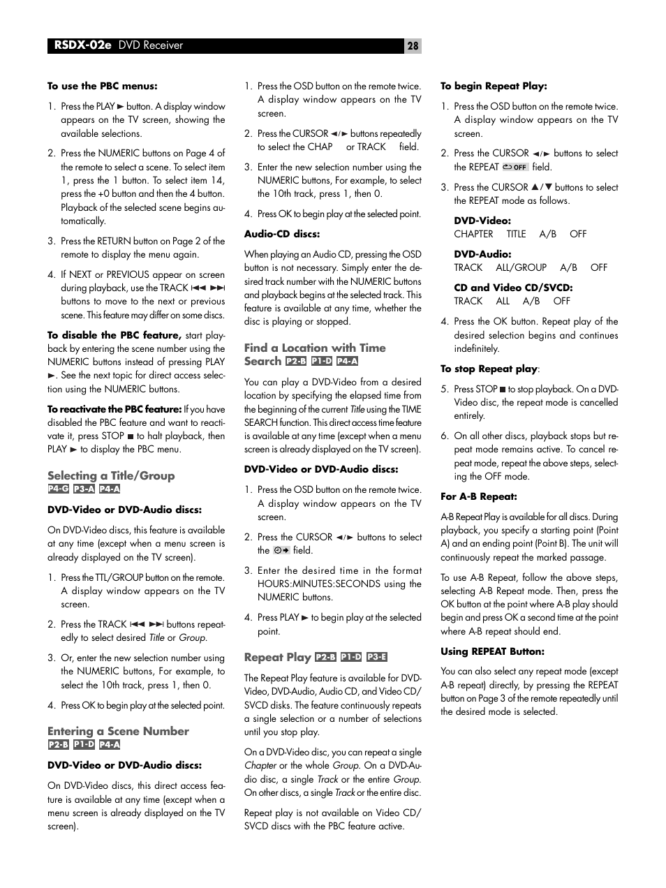 Selecting a title/group, Entering a scene number, Find a location with time search | Repeat play, P4-g, P1-d, P3-e, Random play, Program play | ROTEL RSDX-02e User Manual | Page 28 / 40