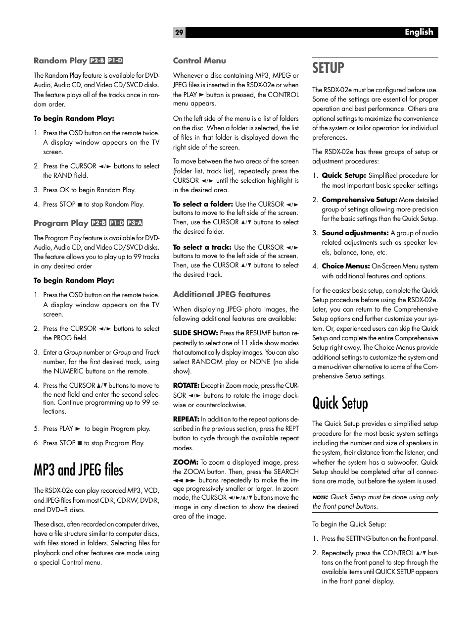 Random play, Program play, Mp3 and jpeg files | Control menu, Additional jpeg features, Setup, Quick setup | ROTEL RSDX-02e User Manual | Page 29 / 40