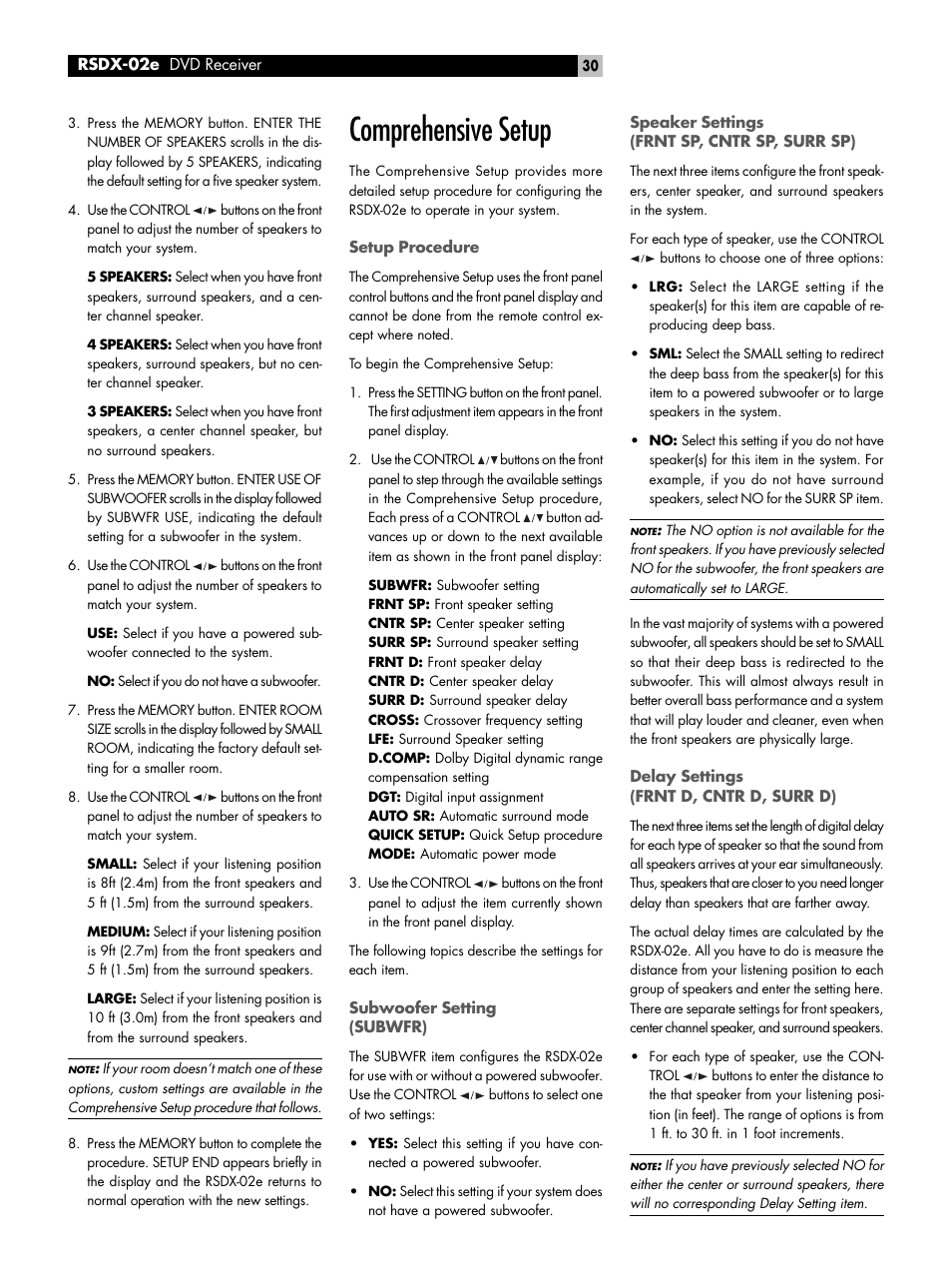 Comprehensive setup, Setup procedure, Subwoofer setting (subwfr) | Speaker settings (frnt sp, cntr sp, surr sp), Delay settings (frnt d, cntr d, surr d), Crossover frequency setting (cross) | ROTEL RSDX-02e User Manual | Page 30 / 40