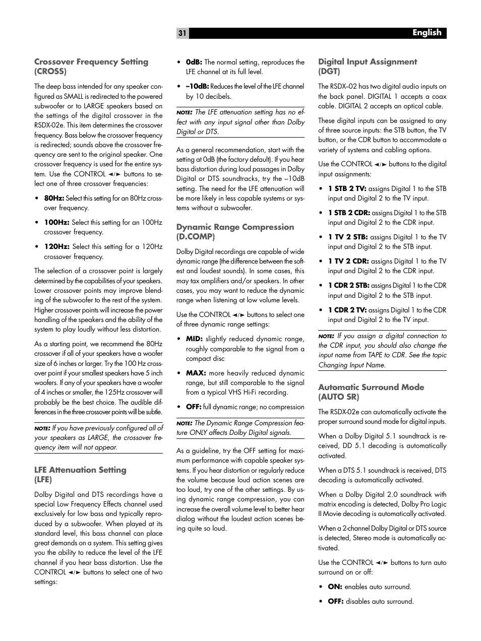 Crossover frequency setting (cross), Lfe attenuation setting (lfe), Dynamic range compression (d.comp) | Digital input assignment (dgt), Automatic surround mode (auto sr), Quick setup, Automatic power mode (mode) | ROTEL RSDX-02e User Manual | Page 31 / 40