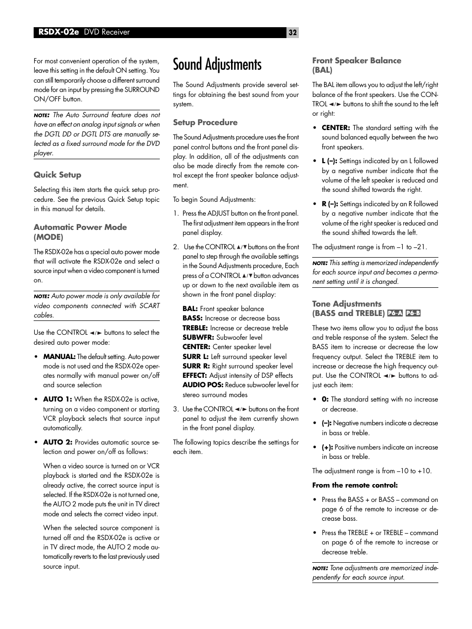 Quick setup, Automatic power mode (mode), Sound adjustments | Setup procedure, Front speaker balance (bal), Tone adjustments (bass and treble), Speaker levels (subwfr, center, surr l, surr r), P5-c, P5-d, P5-e | ROTEL RSDX-02e User Manual | Page 32 / 40