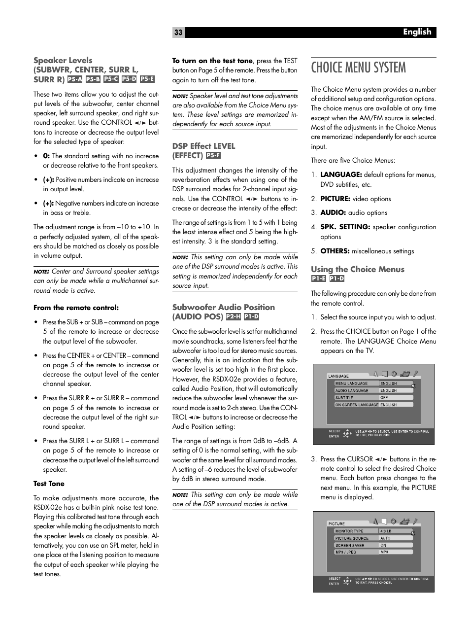 Speaker levels (subwfr, center, surr l, surr r), Dsp effect level (effect), Subwoofer audio position (audio pos) | Choice menu system, Using the choice menus, P5-f, P2-h, P1-d, P1-e, Language menu | ROTEL RSDX-02e User Manual | Page 33 / 40