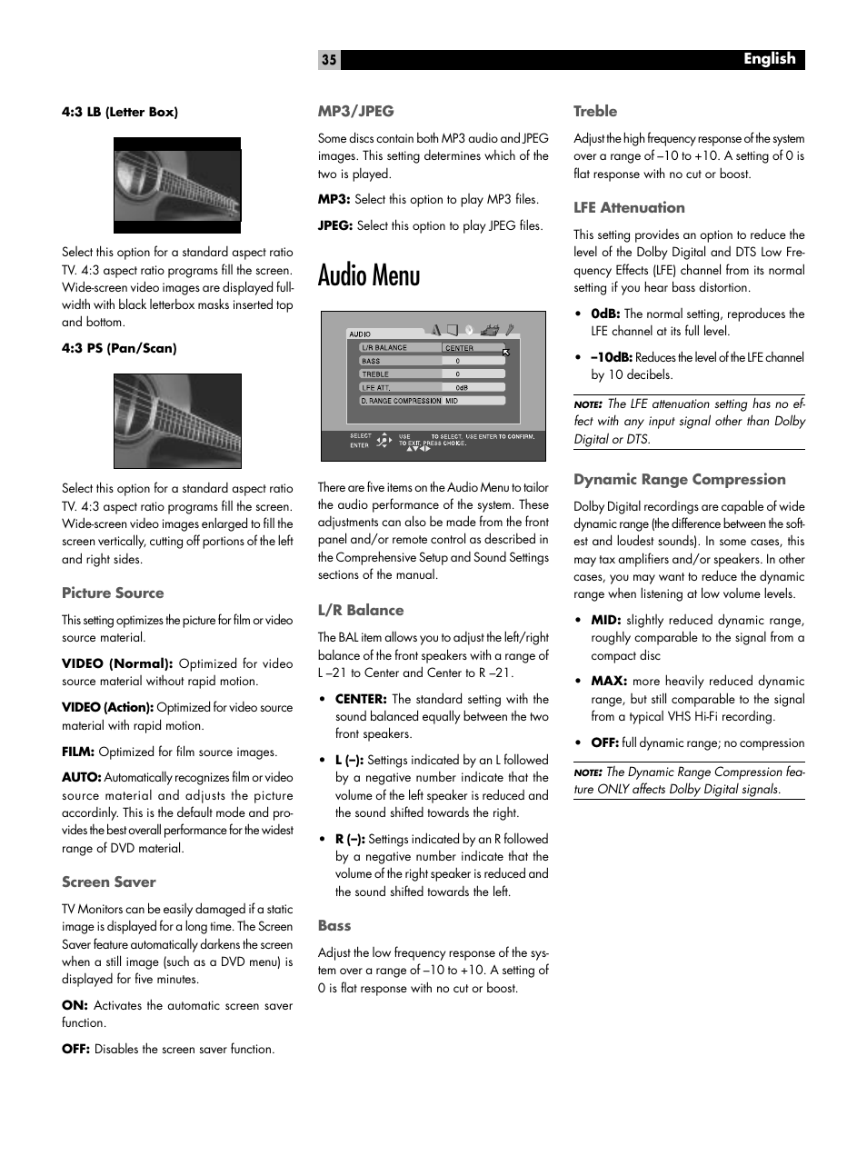 Picture source, Screen saver, Mp3/jpeg | Audio menu, L/r balance, Bass, Treble, Lfe attenuation, Dynamic range compression, Speaker setting menu | ROTEL RSDX-02e User Manual | Page 35 / 40