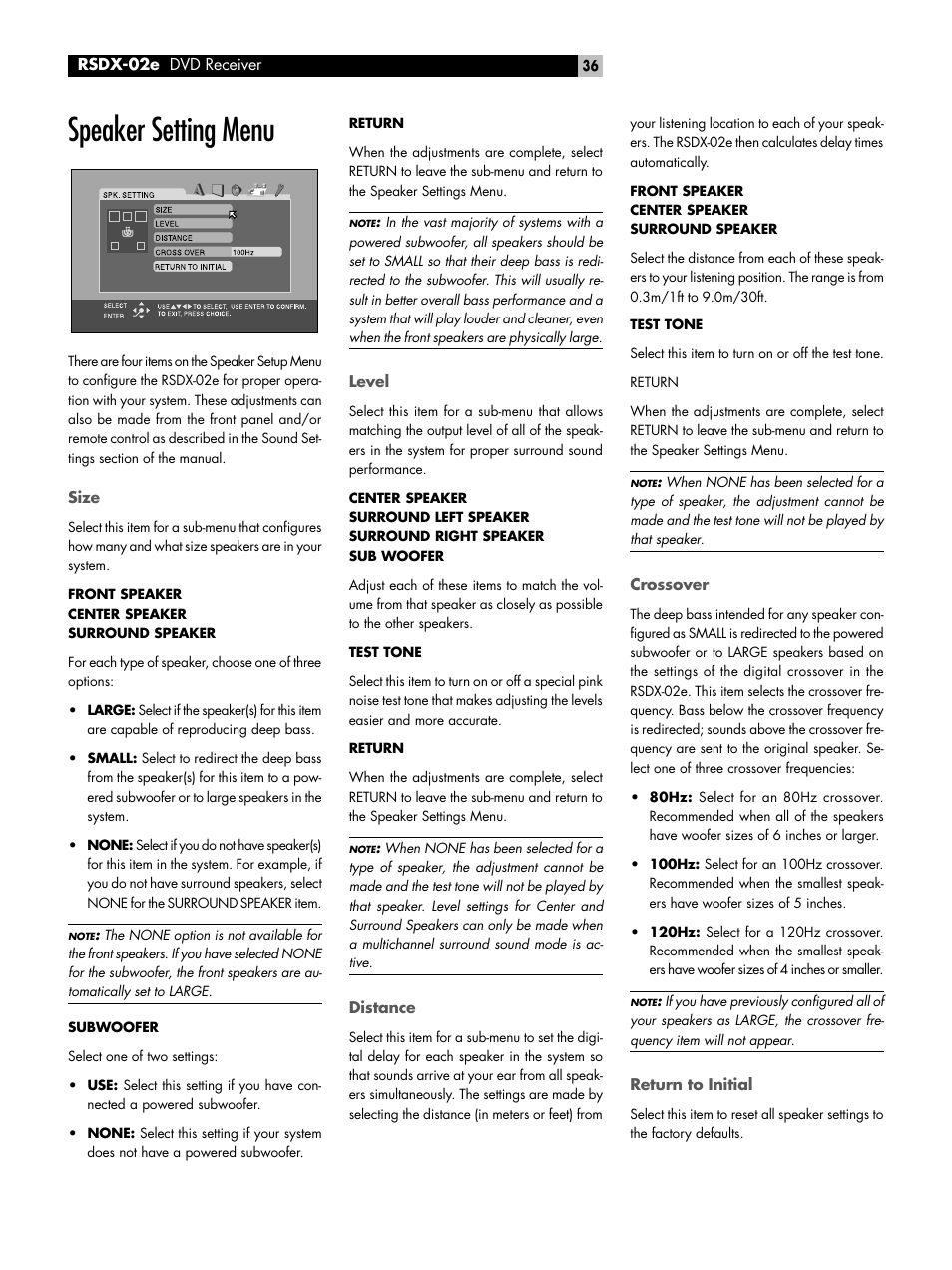 Speaker setting menu, Size, Level | Distance, Crossover, Return to initial, Others menu, Resume, On-screen guide, Auto standby | ROTEL RSDX-02e User Manual | Page 36 / 40