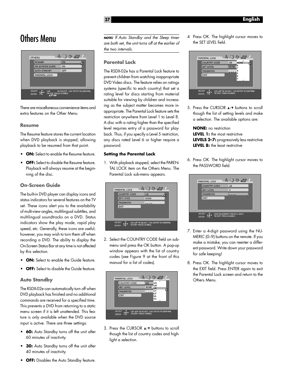 Others menu, Resume, On-screen guide | Auto standby, Parental lock, To change parental lock settings, Playback with parental lock, P1-d | ROTEL RSDX-02e User Manual | Page 37 / 40