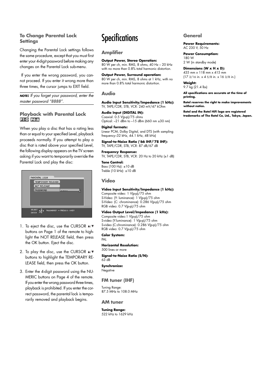 To change parental lock settings, Playback with parental lock, Specifications | ROTEL RSDX-02e User Manual | Page 38 / 40