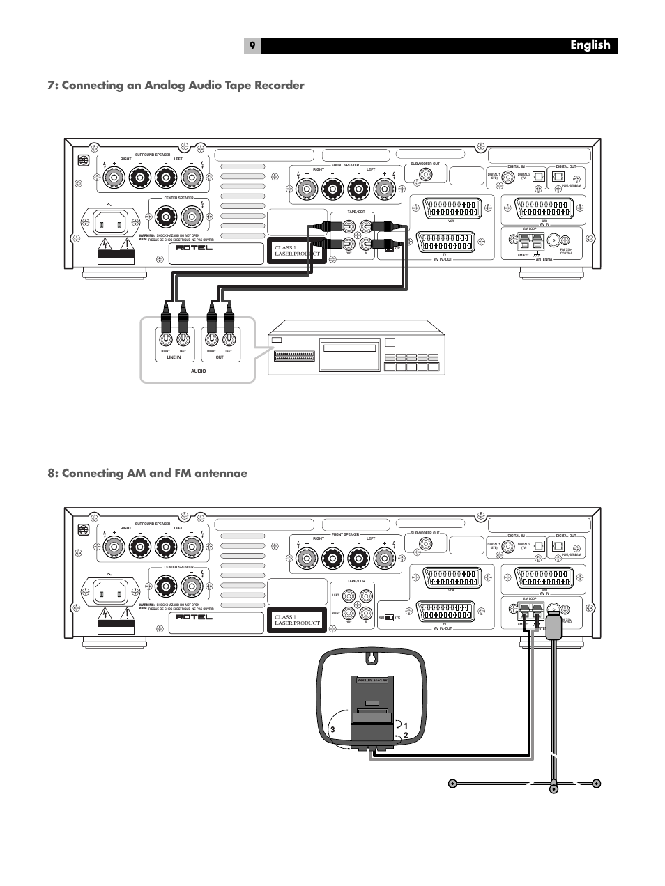 Connecting an analog audio tape recorder, Connecting am and fm antennae, English | ROTEL RSDX-02e User Manual | Page 9 / 40