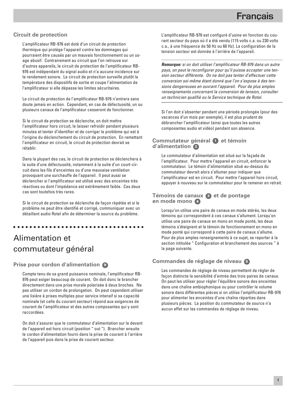 Français, Alimentation et commutateur général | ROTEL Six Channel Power Amplifier RB-976 User Manual | Page 11 / 30