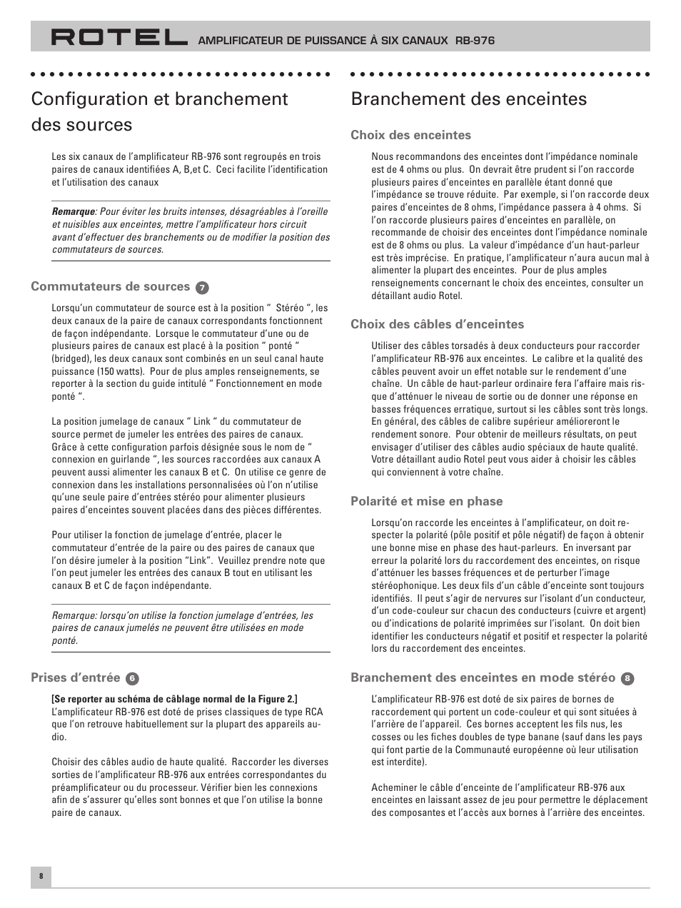 Configuration et branchement des sources, Branchement des enceintes | ROTEL Six Channel Power Amplifier RB-976 User Manual | Page 12 / 30