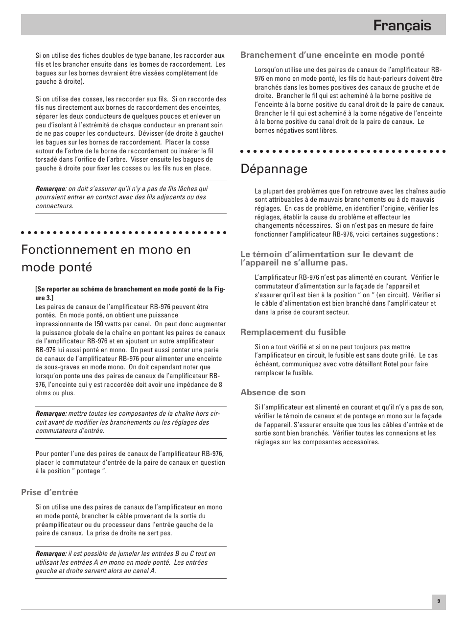 Français, Fonctionnement en mono en mode ponté, Dépannage | ROTEL Six Channel Power Amplifier RB-976 User Manual | Page 13 / 30