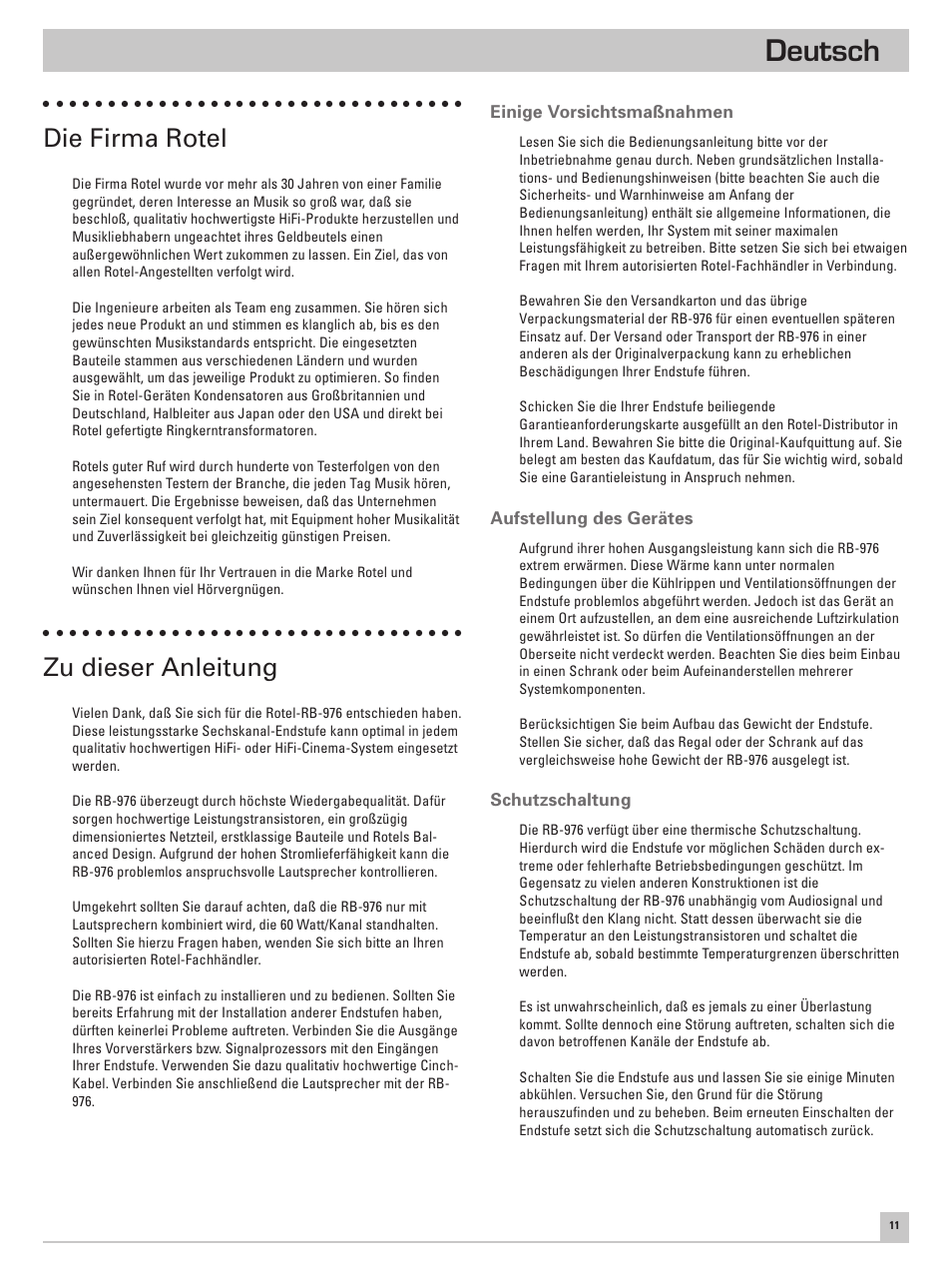 Deutsch, Die firma rotel, Zu dieser anleitung | ROTEL Six Channel Power Amplifier RB-976 User Manual | Page 15 / 30