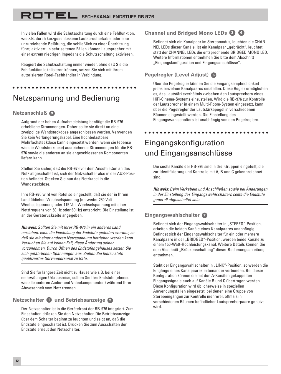 Netzspannung und bedienung, Eingangskonfiguration und eingangsanschlüsse | ROTEL Six Channel Power Amplifier RB-976 User Manual | Page 16 / 30