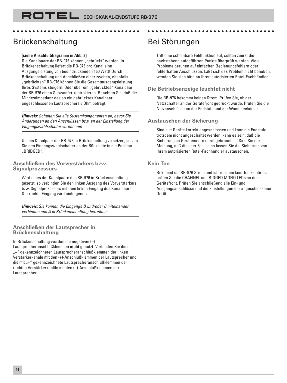 Brückenschaltung, Bei störungen | ROTEL Six Channel Power Amplifier RB-976 User Manual | Page 18 / 30