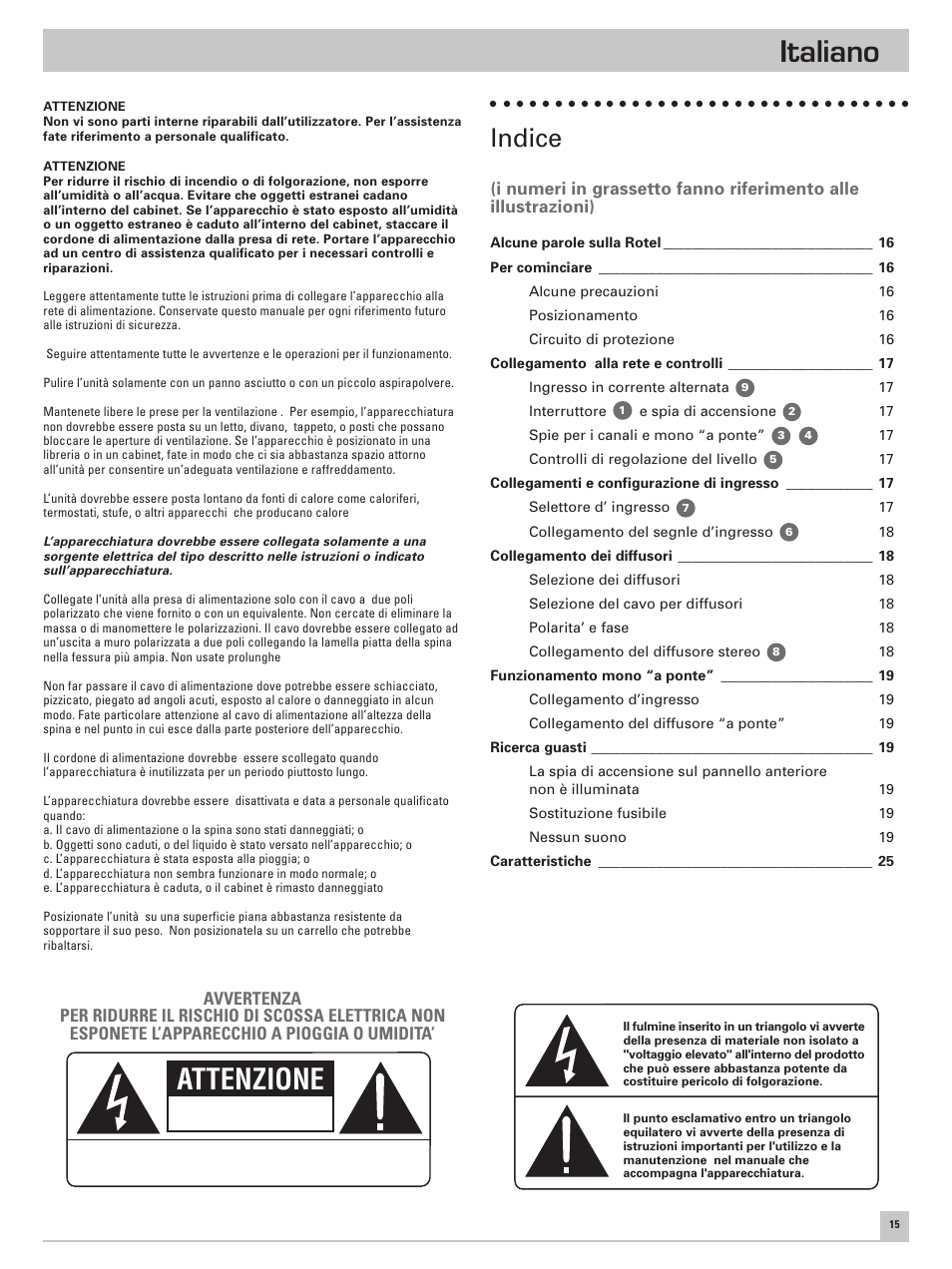 Italiano, Attenzione, Indice | ROTEL Six Channel Power Amplifier RB-976 User Manual | Page 19 / 30